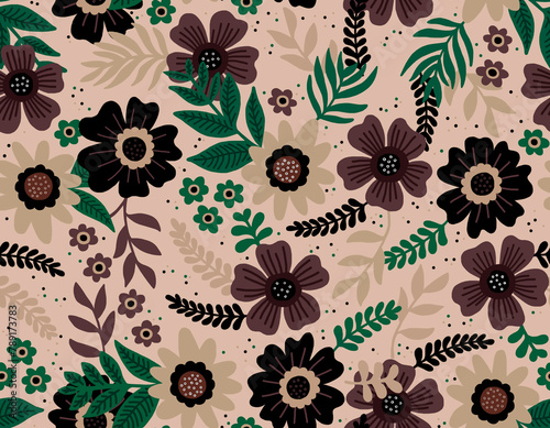 A hand-drawn floral pattern in brown tones.Seamless pattern.