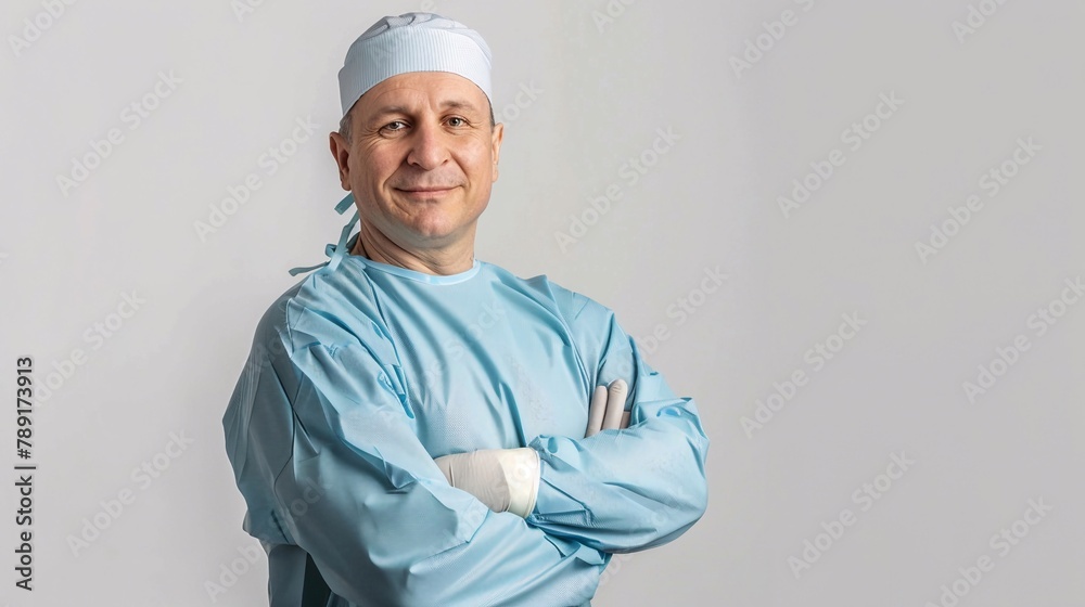 Medico sorridente con camice e cuffia da chirurgo. Braccia conserte, con sfondo grigio.
Medico sorridente con camice e cuffia da chirurgo. Braccia conserte, con sfondo grigio.