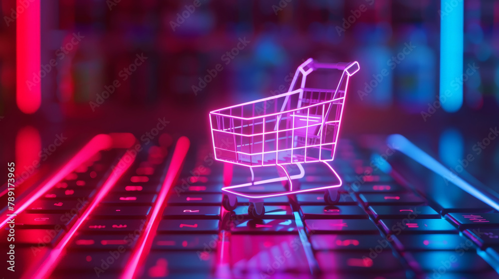Online shopping concept, small shopping cart stands on keyboard on trendy neon background. E-commerce. Generative AI Online shopping concept, small shopping cart stands on keyboard on trendy neon background. E-commerce. Generative AI