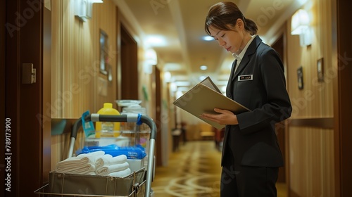 Efficient Housekeeping, Female Supervisor Inspecting Hotel Cleaning Equipment