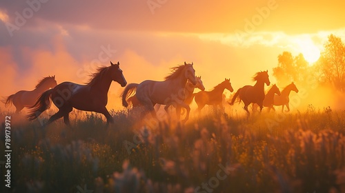 A pack of wild horses galloping freely across a meadow at sunrise photo