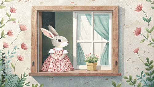 cute little rabbit open a window to street flowers on the window © Sunisadonphimai