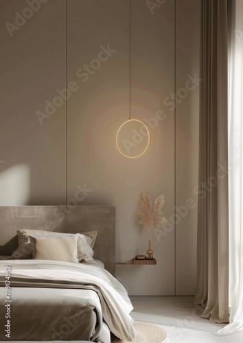 Bedroom With Bed and Hanging Light