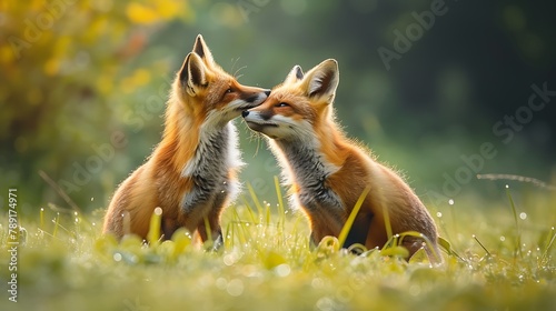 A pair of red foxes playing in a meadow covered in early morning dew