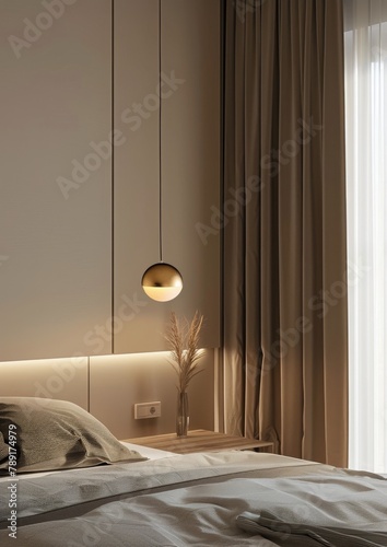Bedroom With Bed and Hanging Light
