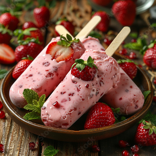 homemade strawberry ice cream on a stick made from fresh strawberries in a plate. Made with generative ai
 photo