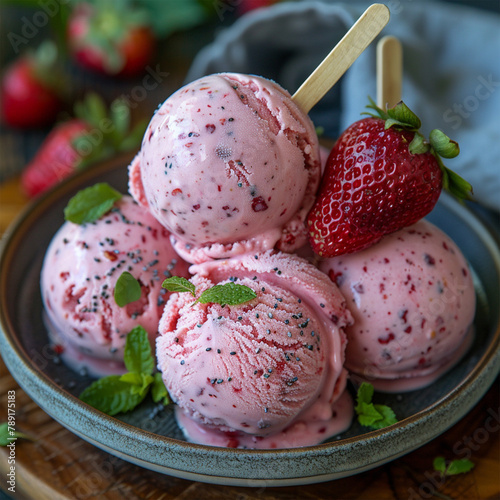 homemade strawberry ice cream on a stick made from fresh strawberries in a plate. Made with generative ai
 photo