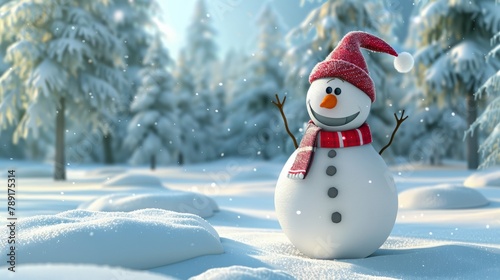 snowman against a background of snow and fir trees.