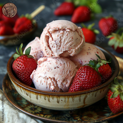 homemade strawberry ice cream on a stick made from fresh strawberries in a plate. Made with generative ai
 photo