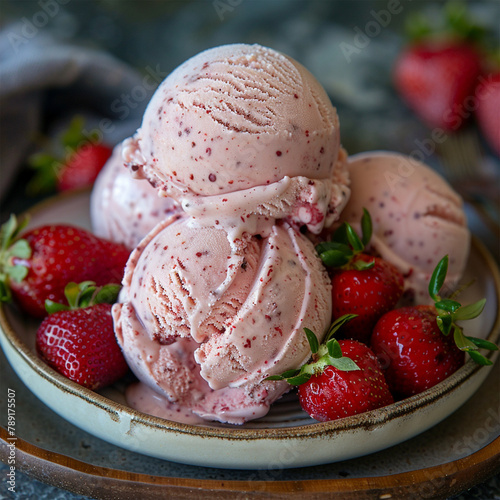 homemade strawberry ice cream on a stick made from fresh strawberries in a plate. Made with generative ai
 photo