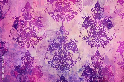 Vintage Damask Purple Pink background pattern. Purple damask pattern on pink textured background, repeatable and seamless. .