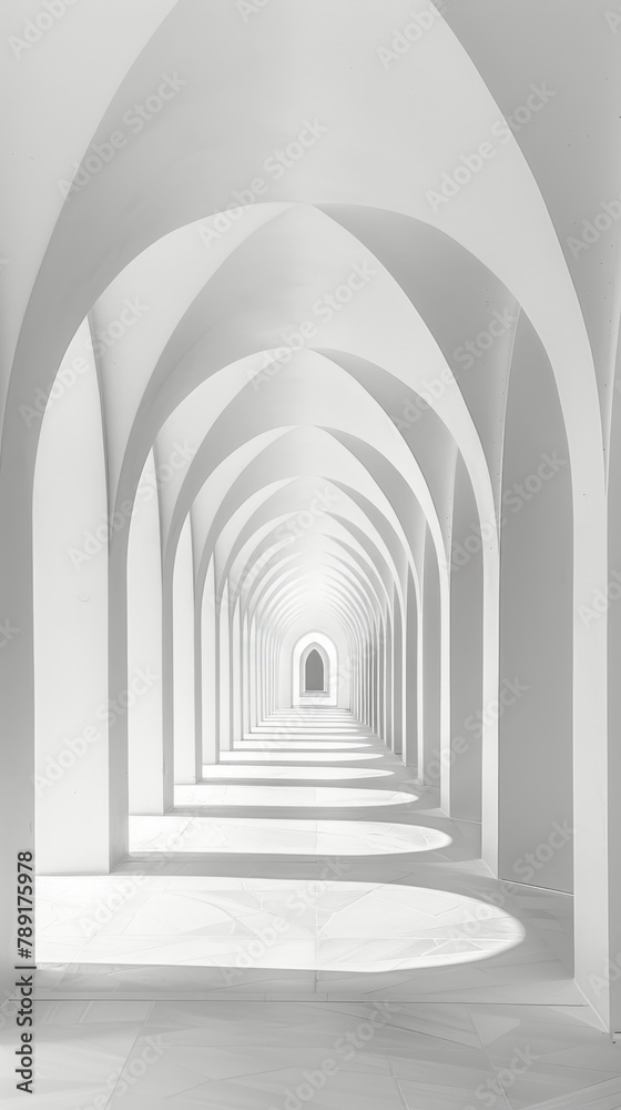 Long Hallway With White Walls and Arches