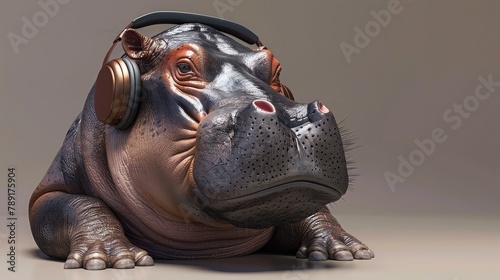 Noise-cancelling Hippo headphones. Zoo wild face,Alligator With Headphones On Hippopotamus portrait isolated on black background, funny animal