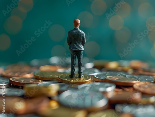 Miniature Businessman Figurine Perched on Pile of Coins Signifying Wealth Accumulation and Business Success