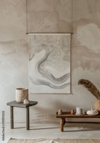 A Room With a Chair, Table, and Wall Hanging