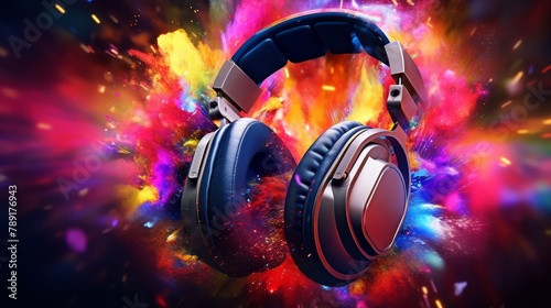 Close-up of headphones bursting in a festive explosion of color and light, capturing the essence of sound and rhythm, in photo-realistic