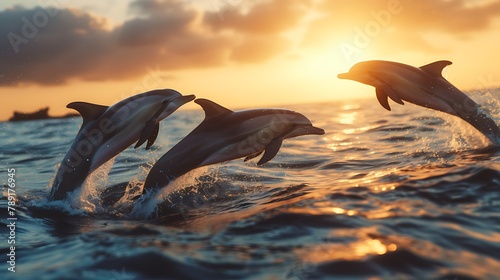 A pod of dolphins leaping joyfully in the ocean at sunset photo