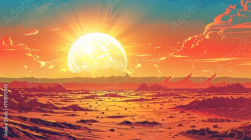 Ethereal extraterrestrial sunset landscape with towering landforms and a radiant celestial body
