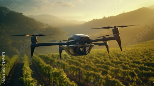 A drone equipped with AI technology flies over a vineyard, showcasing the fusion of automation and viticulture in a stunning detail