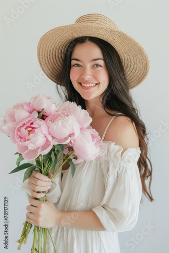 Woman in Hat Holding Bouquet of Flowers