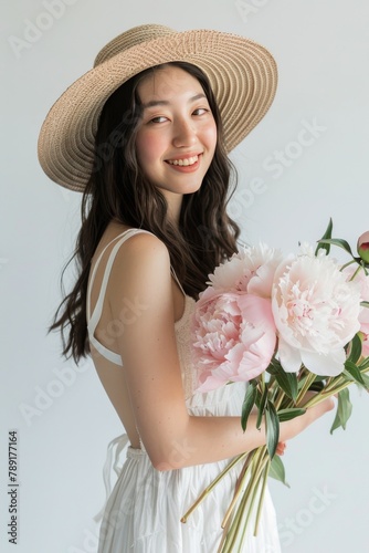 Woman in Hat Holding Bouquet of Flowers