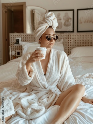 Woman Sitting on Bed Holding Cup of Coffee
