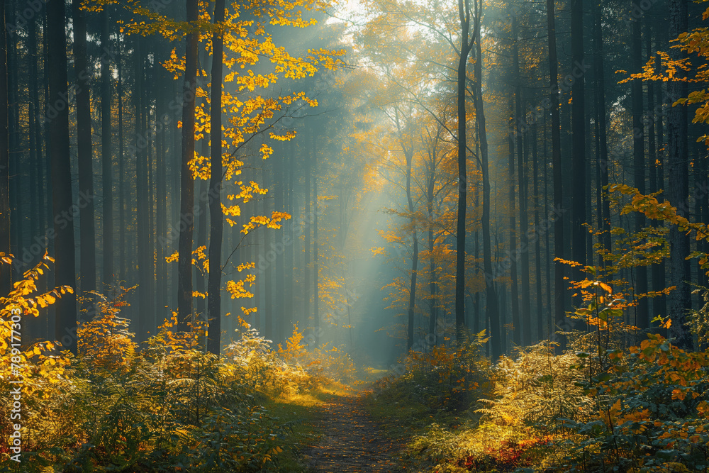 Wald voller hoher Bäume. Sonnenlicht dringt durch die Zweige