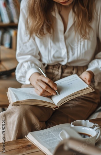 Woman Sitting at Table With Book and Coffee