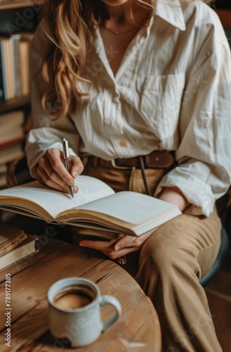 Woman Sitting at Table With Book and Coffee