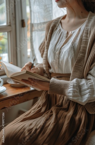 Woman Sitting at Table With Book and Coffee