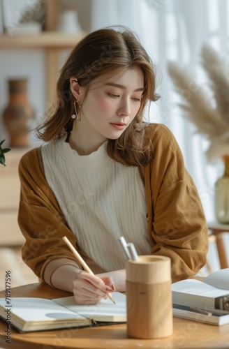 Woman Sitting on a Couch Writing in a Book