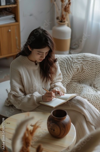 Woman Sitting on a Couch Writing in a Book