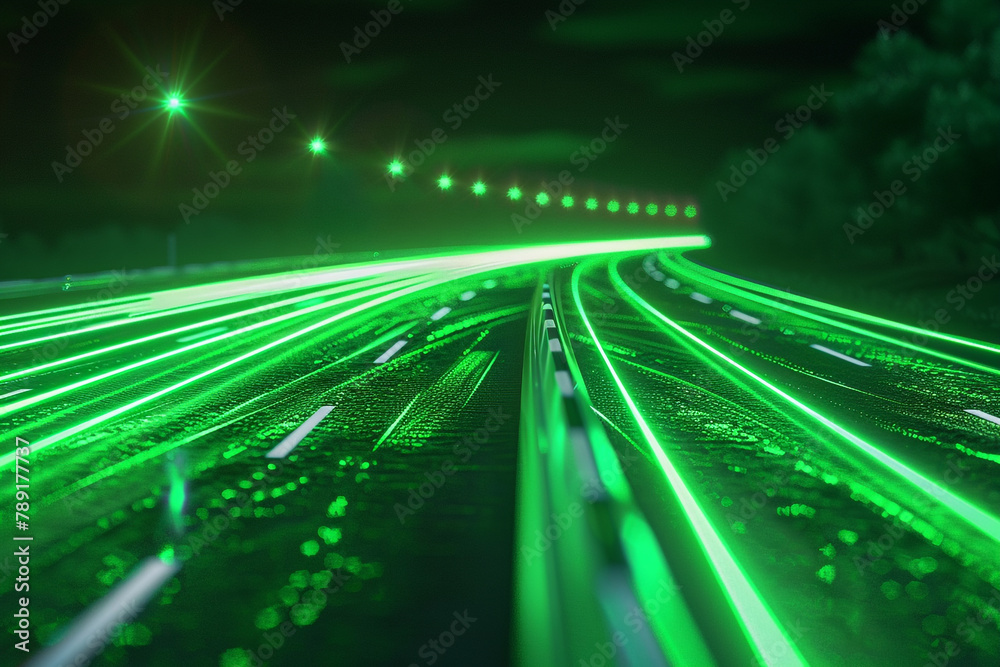 3D render of green light trails on highway 3D render of green light trails on highway