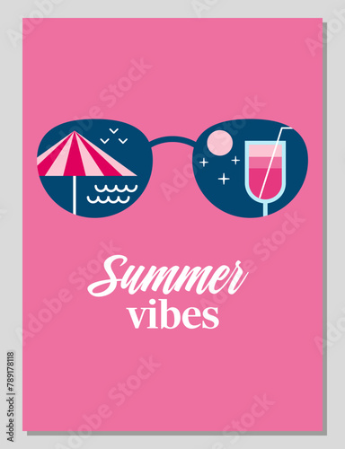 Summer mood. Hello summer. Enjoy summer. Summer card or poster concept in flat design. Stylized illustration of reflection in glasses in geometric style. Vector illustration.
