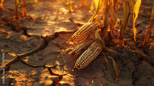 The cornfield is shown in a dry, cracked state. The corn stalks are brown and withered, and the ground is dry and cracked