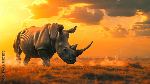 A rhinoceros standing majestically on the savannah under the hot sun
