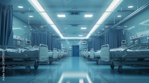 Patient room interior view with bed and equipment in a hospital.