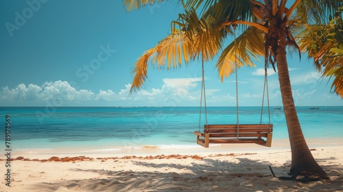 Swing Hanging From Palm Tree on Beach
