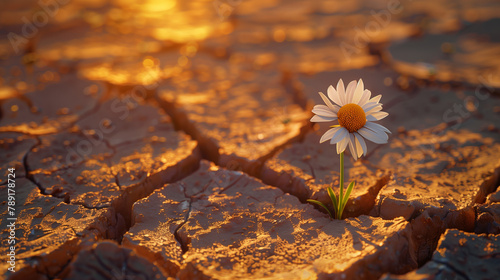 The concept of drought. A beautiful white daisy grows on dry, cracked ground in a desert area.