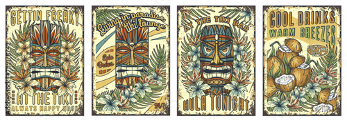 Tiki mask surfing summer bar poster set. Tropical leaves, hawaiian vibes. Hawaii wooden tiki mask collection. Traditional ethnic idol of maori or polynesian. Old tribal totem for tiki bar
