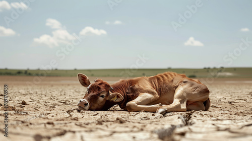 A dead cow lies in a dry, barren field. The worst drought in the region. The cow is brown, she has a tag on her ear.