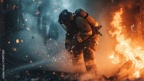 Firefighter fighting to put off fire flames in big city