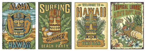 Tiki mask surfing summer bar poster set. Tropical leaves, hawaiian vibes. Hawaii wooden tiki mask collection. Traditional ethnic idol of maori or polynesian. Old tribal totem for tiki bar
