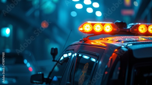 Close-up view of the siren light on top of an ambulance rushing speeding on road in emergency photo
