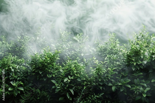 Dense Green Leaves in Foggy Forest