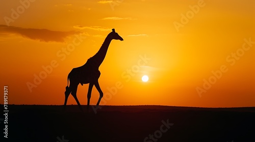 A silhouette of a giraffe walking against the backdrop of an African sunset