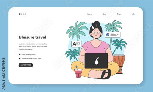 Bleisure travel web banner or landing page set. Business and sightseeing