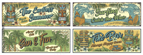 Summer beach tiki signs. Surfing poster set with ethnic masks and tropical leaves. Hawaii wooden tiki mask collection. Traditional idol of hawaiian, maori or polynesian. Old tribal totem for tiki bar