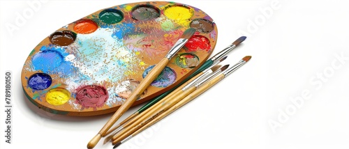 A colorful artist's palette with paintbrushes and paints on a white background, copy space. Created with Ai technology.