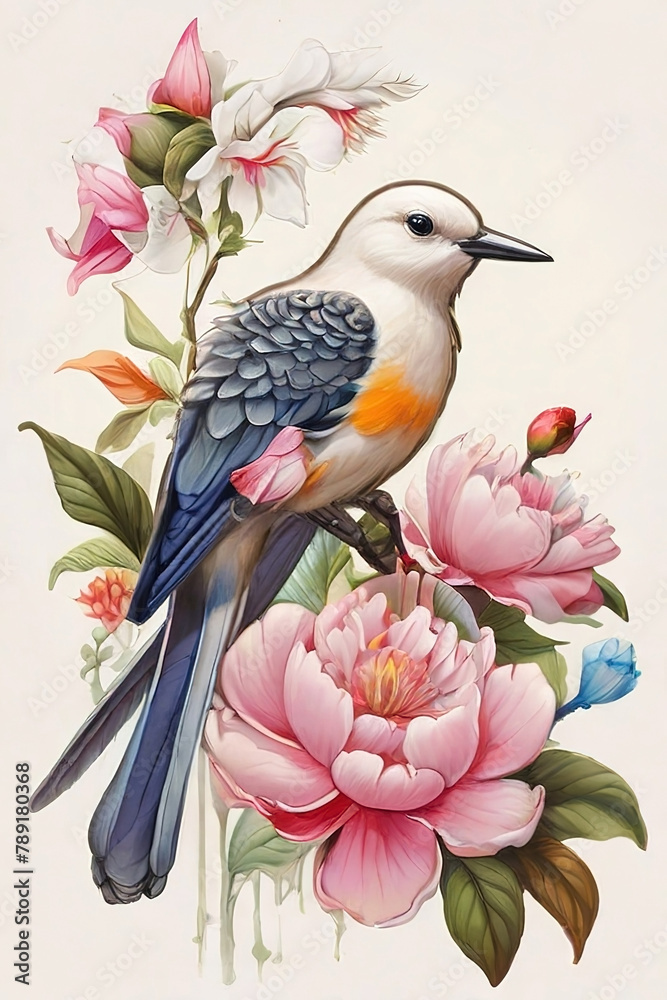 birds perched on branches and flowers Watercolor  vector illustration, isolated white background.